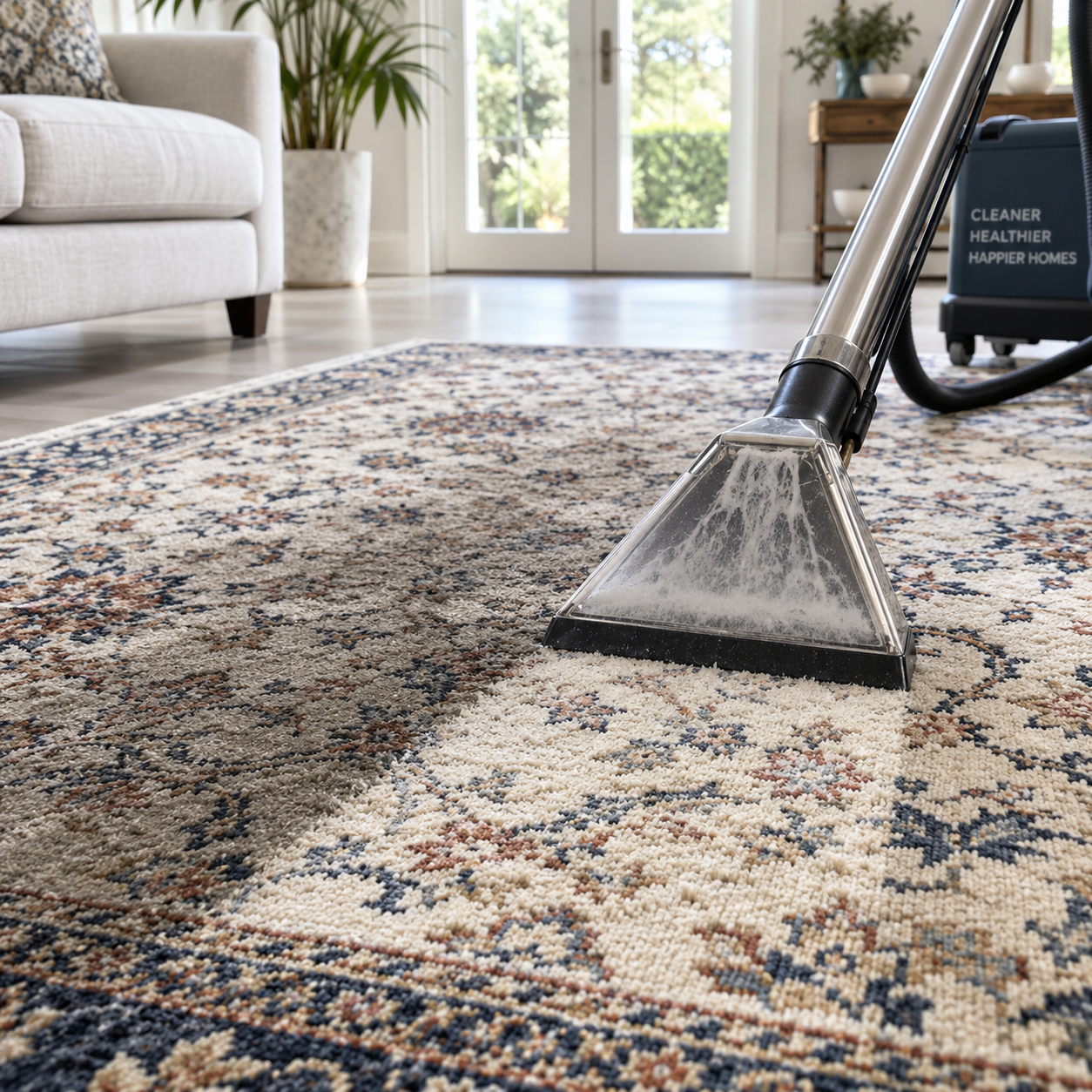 Patterned rug being professionally cleaned
